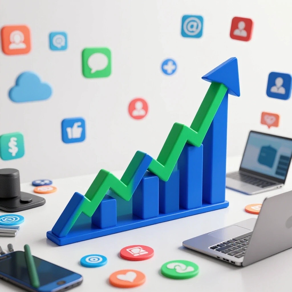 A vibrant upward-pointing graph rises from a cluttered desk of social media tools, symbolizing growth.