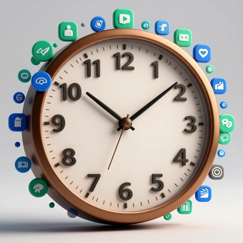 A dynamic clock with social media icons symbolizing time management and growth on a bright background.