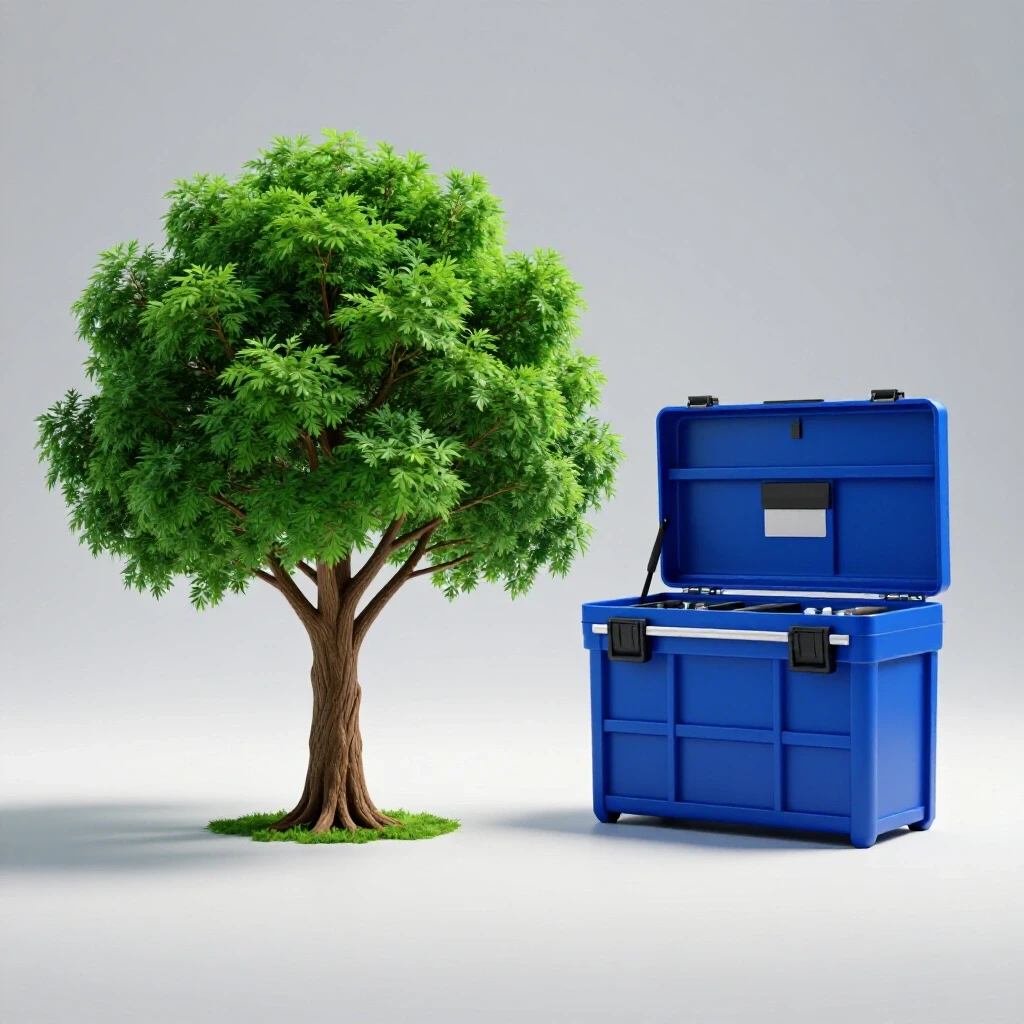 A split-screen image featuring a blooming digital tree and a sleek toolbox, symbolizing social media growth and AI tools.
