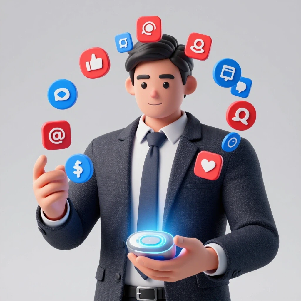A professional juggling colorful social media icons while holding a glowing AI tool, symbolizing productivity focus.