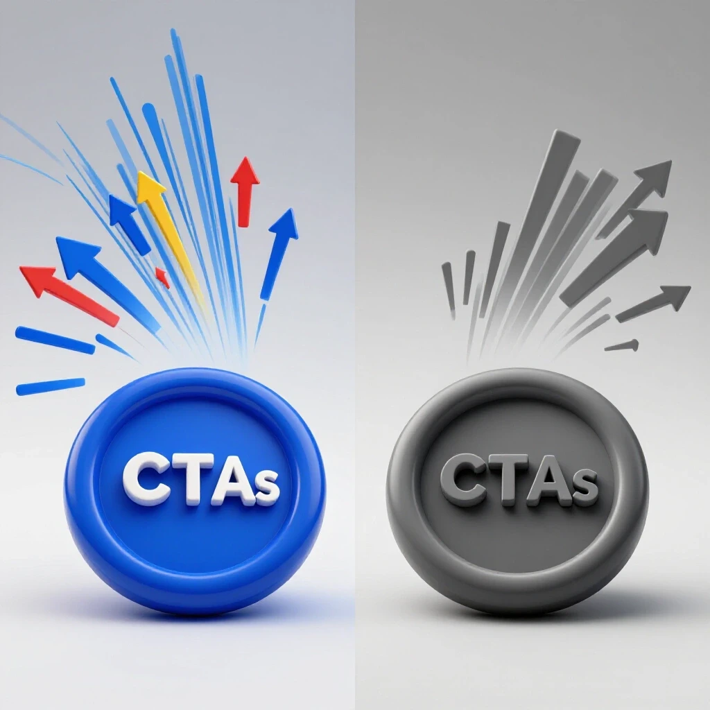 A split image showing a vibrant blue button symbolizing effective CTAs and a dull grey button representing ineffective CTAs, with engagement metrics.