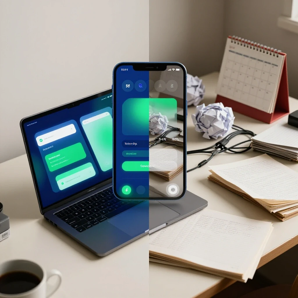 A visual comparison of a modern productivity app and a cluttered desk filled with outdated tools, highlighting effectiveness versus chaos.