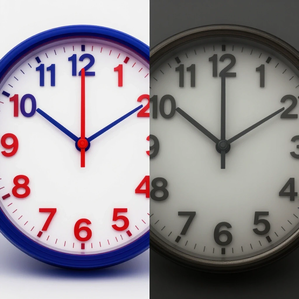 Split-image of two clocks showing vibrant colors for peak times and a foggy clock for off-peak times, symbolizing social media engagement.