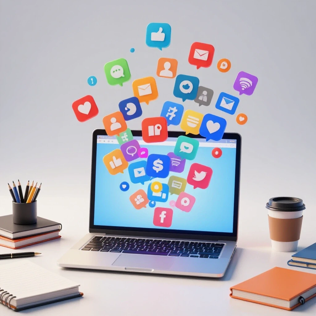 A vibrant laptop with colorful social media icons floating from the screen, surrounded by a chaotic desk scene.