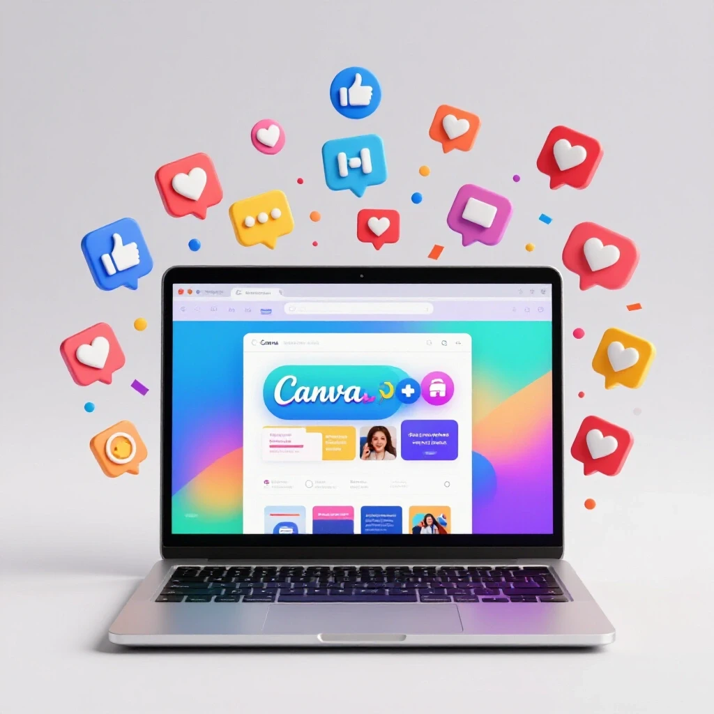 An open laptop displaying a colorful Canva template, surrounded by vibrant social media icons like hearts and thumbs up in a bright studio setting.