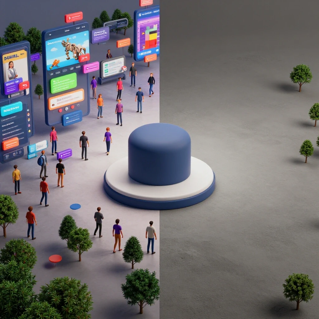 Contrasting digital landscapes showing bustling social media traffic vs. quiet desolate space.