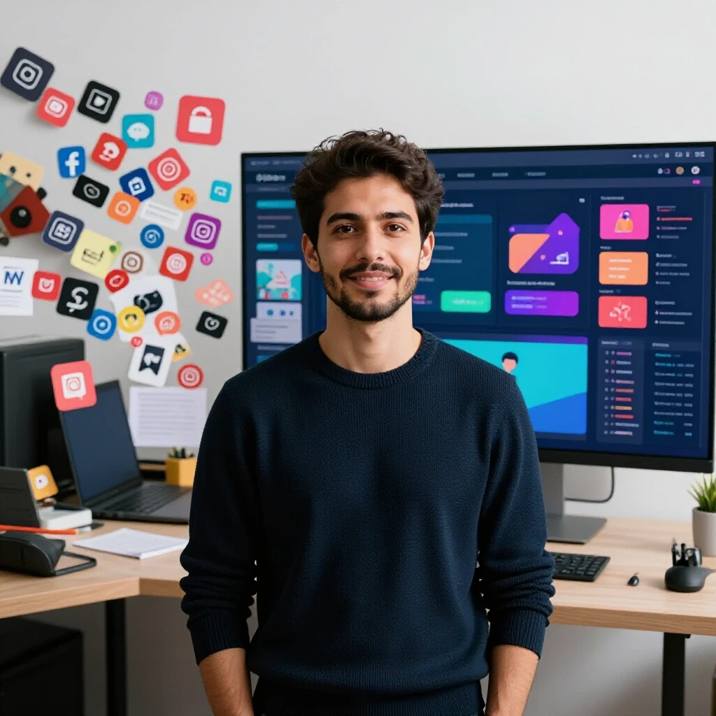 A split image showing a chaotic social media workspace on one side and an organized digital dashboard on the other, illustrating efficiency.
