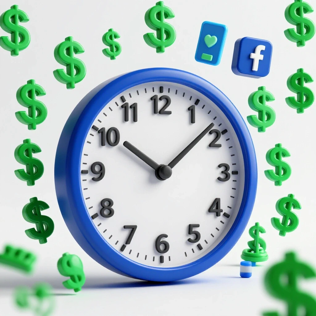 A vibrant clock indicating peak hours surrounded by dollar signs and social media icons, set against a bright background.