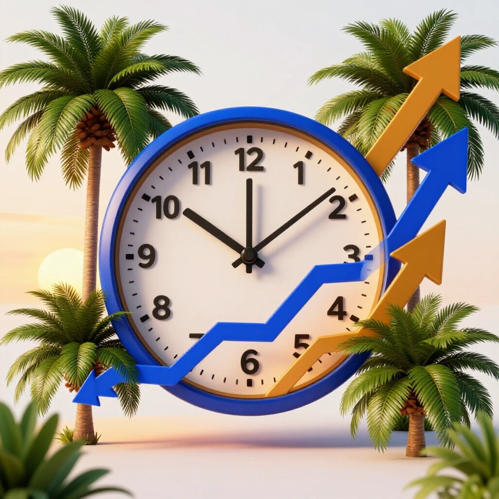 A vibrant clock symbolizing optimal Facebook ads timing, surrounded by tropical elements and dynamic growth arrows.