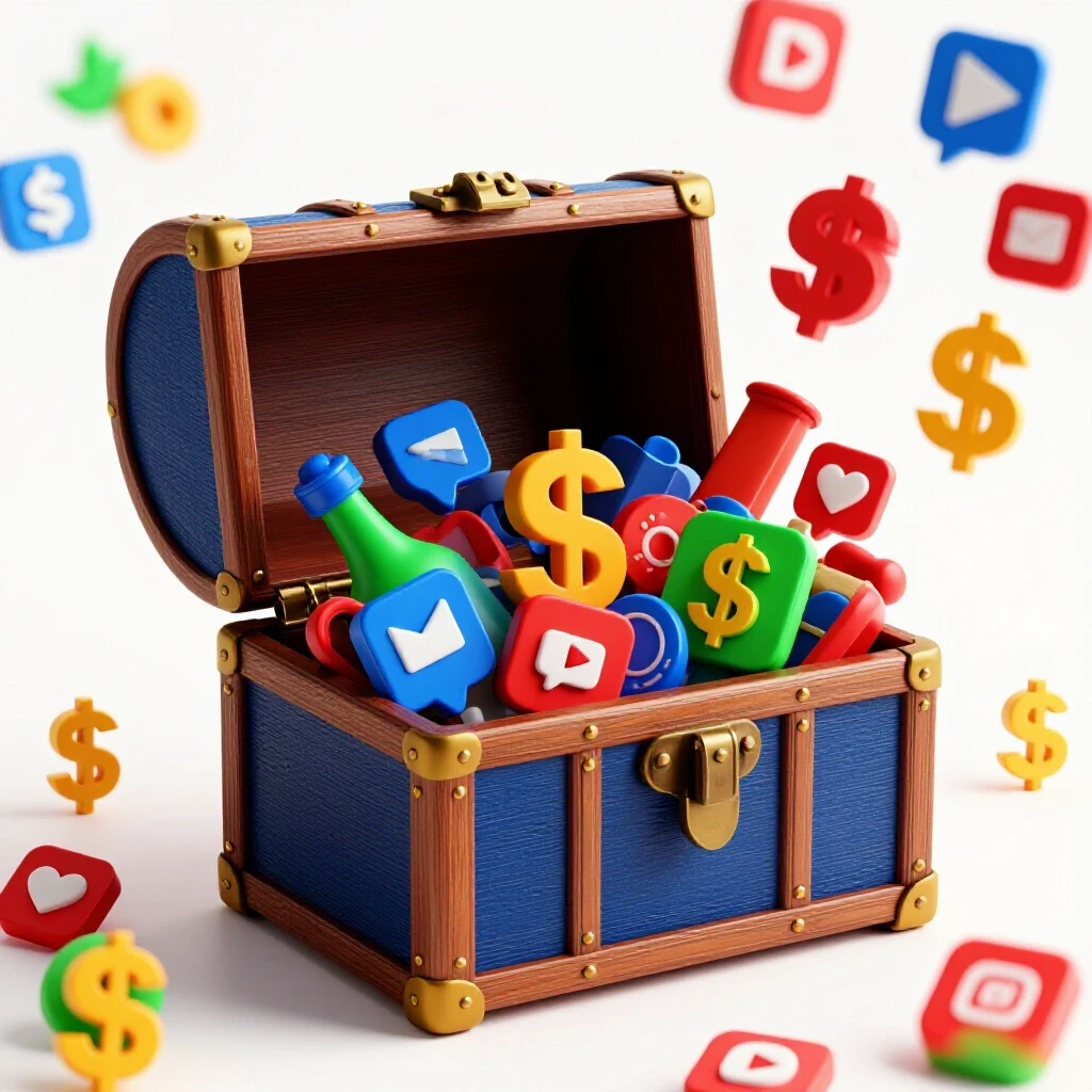 A vibrant treasure chest bursting with digital marketing tools and social media icons, set in a bright studio background.