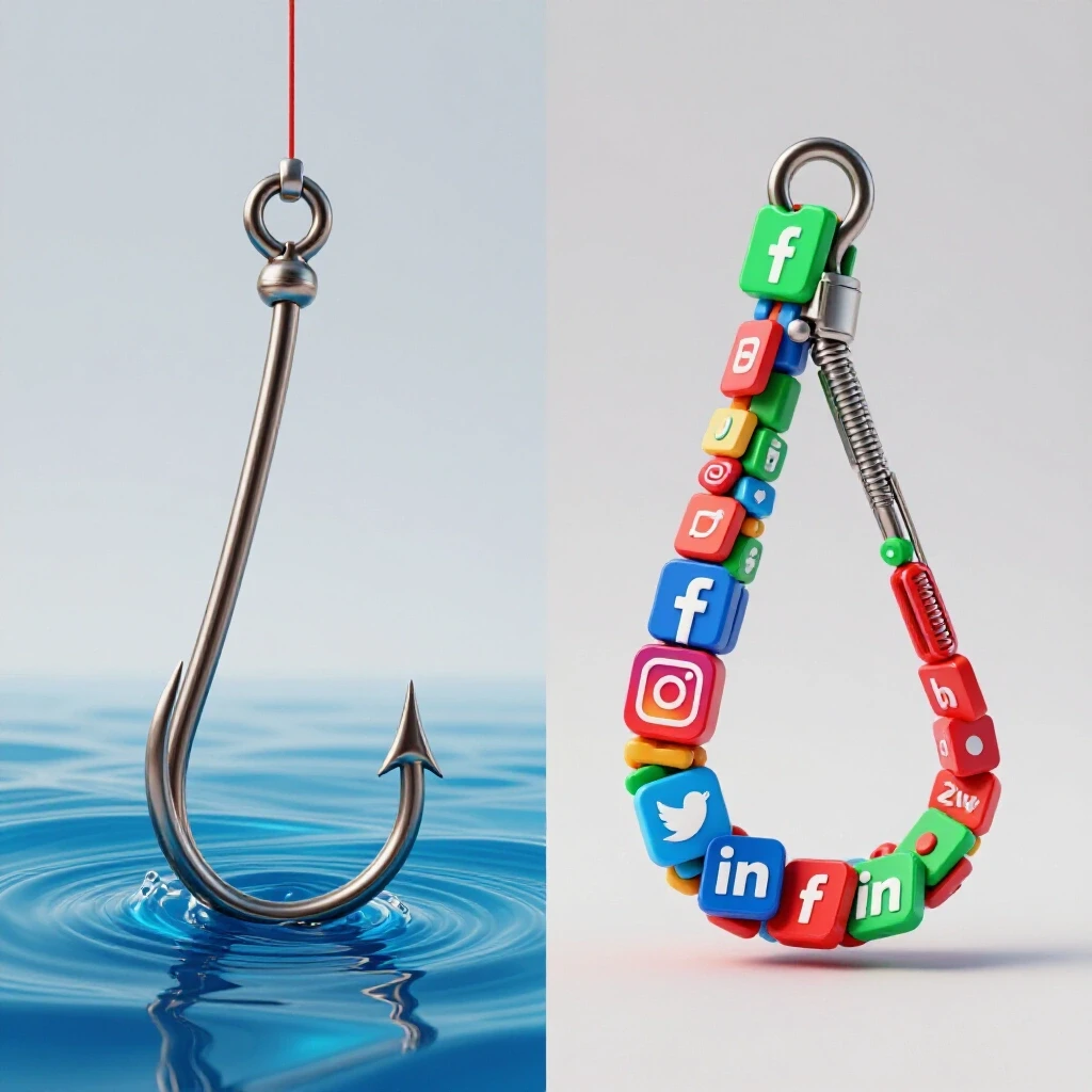 A split-screen image showing a traditional fishing hook in water on one side and a digital hook made of social media icons on the other side.