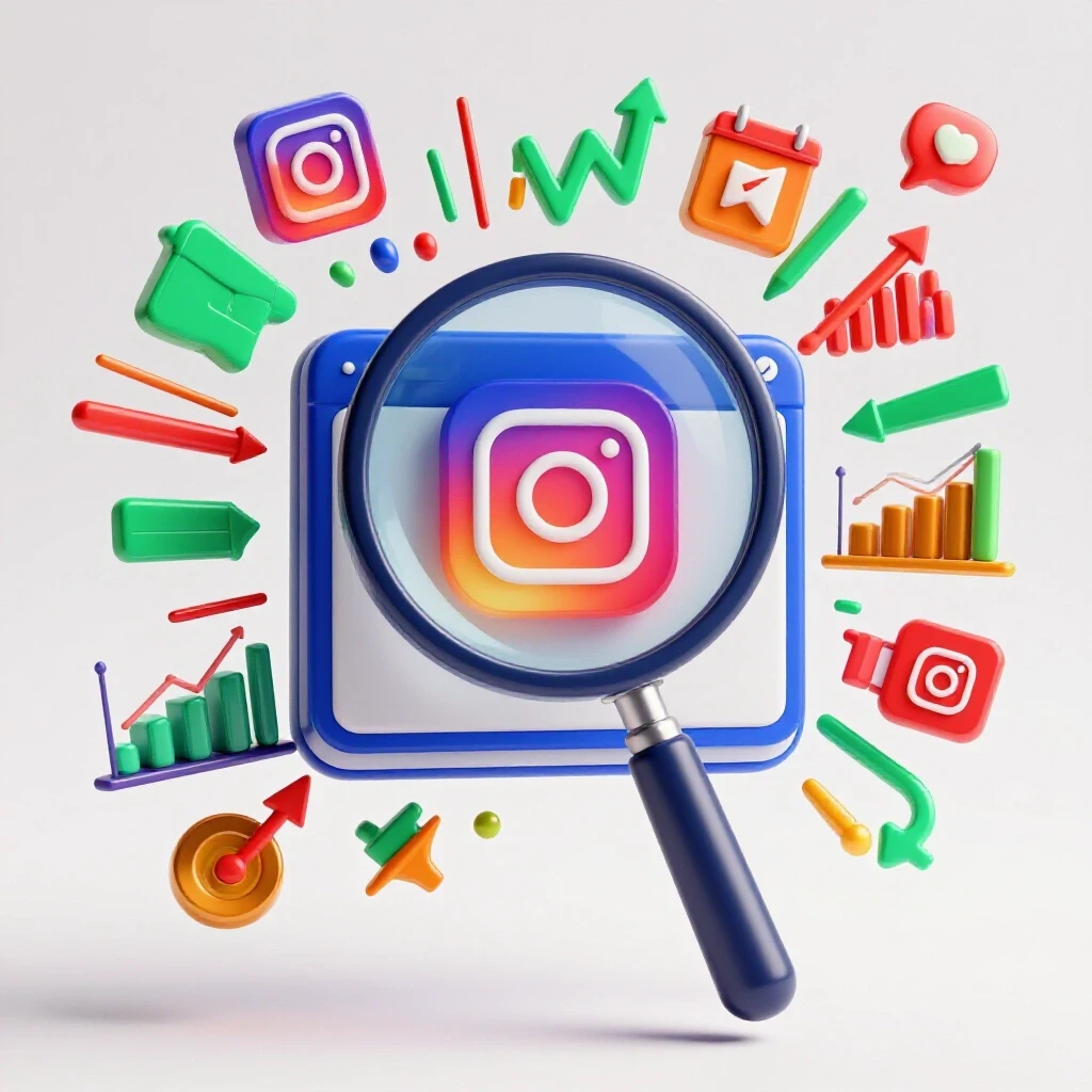 A magnifying glass over a vibrant Instagram interface with colorful growth icons and graphs.