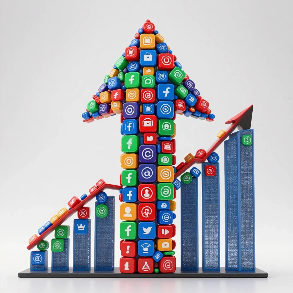 A large upward arrow made of social media icons rising from a vibrant graph against a clean background, symbolizing social media advertising growth.