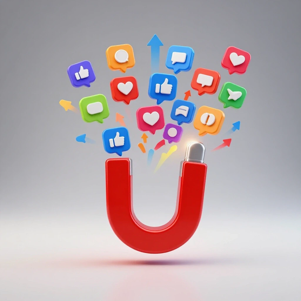 A bright red magnet attracting colorful social media icons against a light grey backdrop, symbolizing engagement growth.