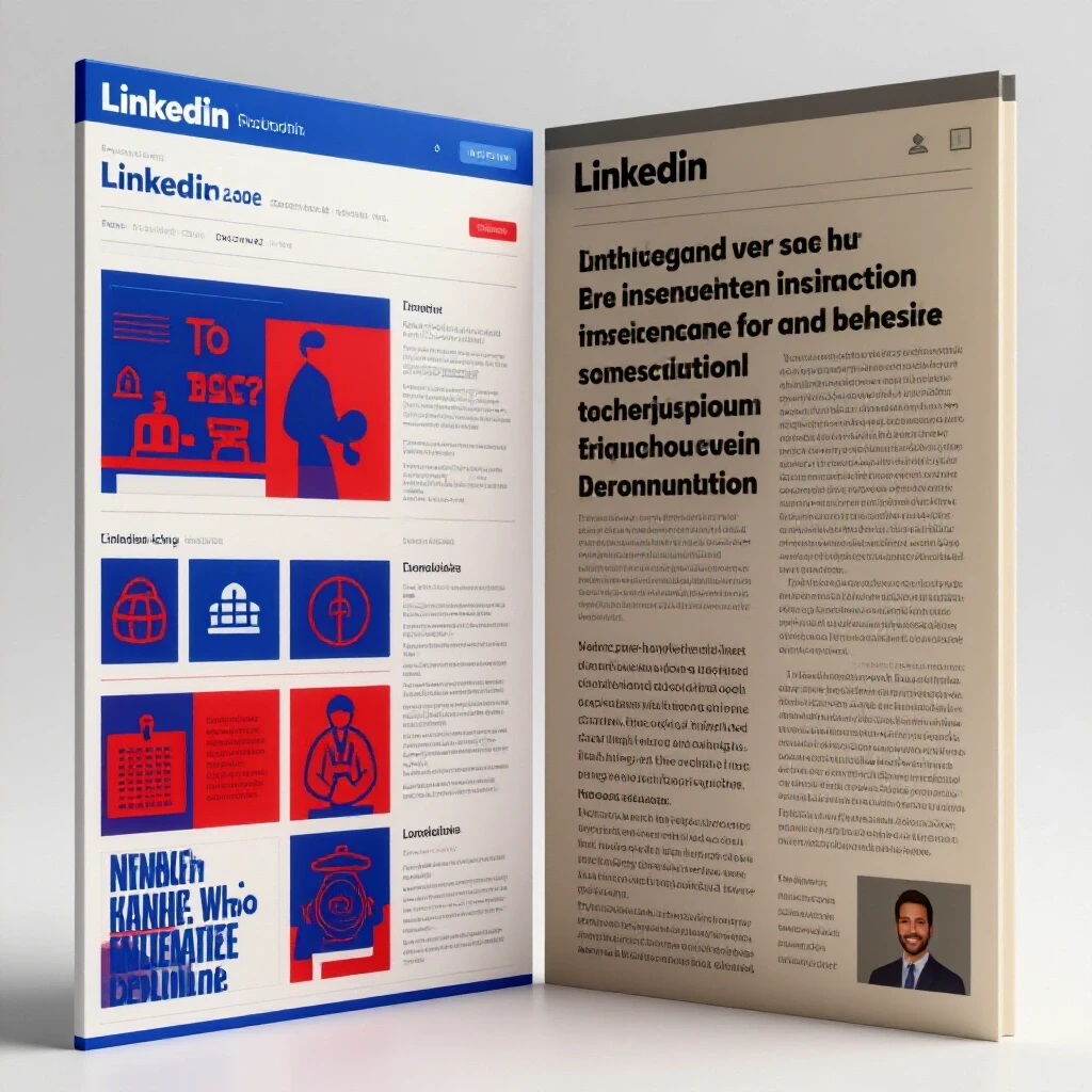 Split-screen LinkedIn posts with vibrant graphics on one side and a dull text-heavy post on the other, illustrating effective formats.