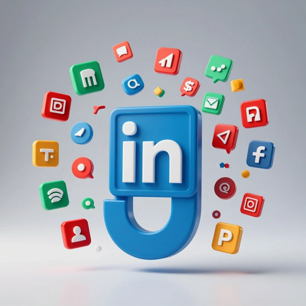Giant LinkedIn logo magnet attracting vibrant B2B tool icons against an urban skyline in a bright studio setting.