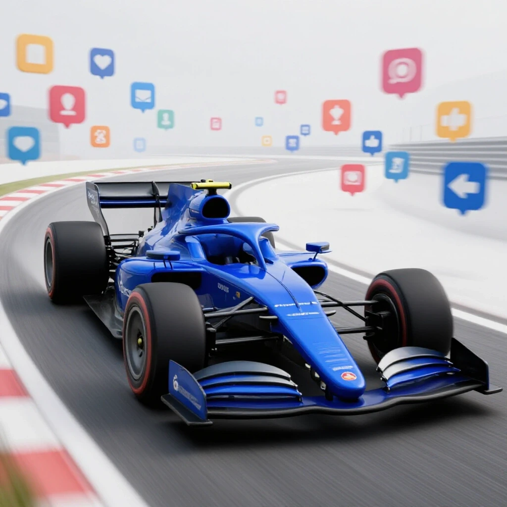 A high-performance race car in motion on a winding track, set against a digital landscape filled with social media icons.