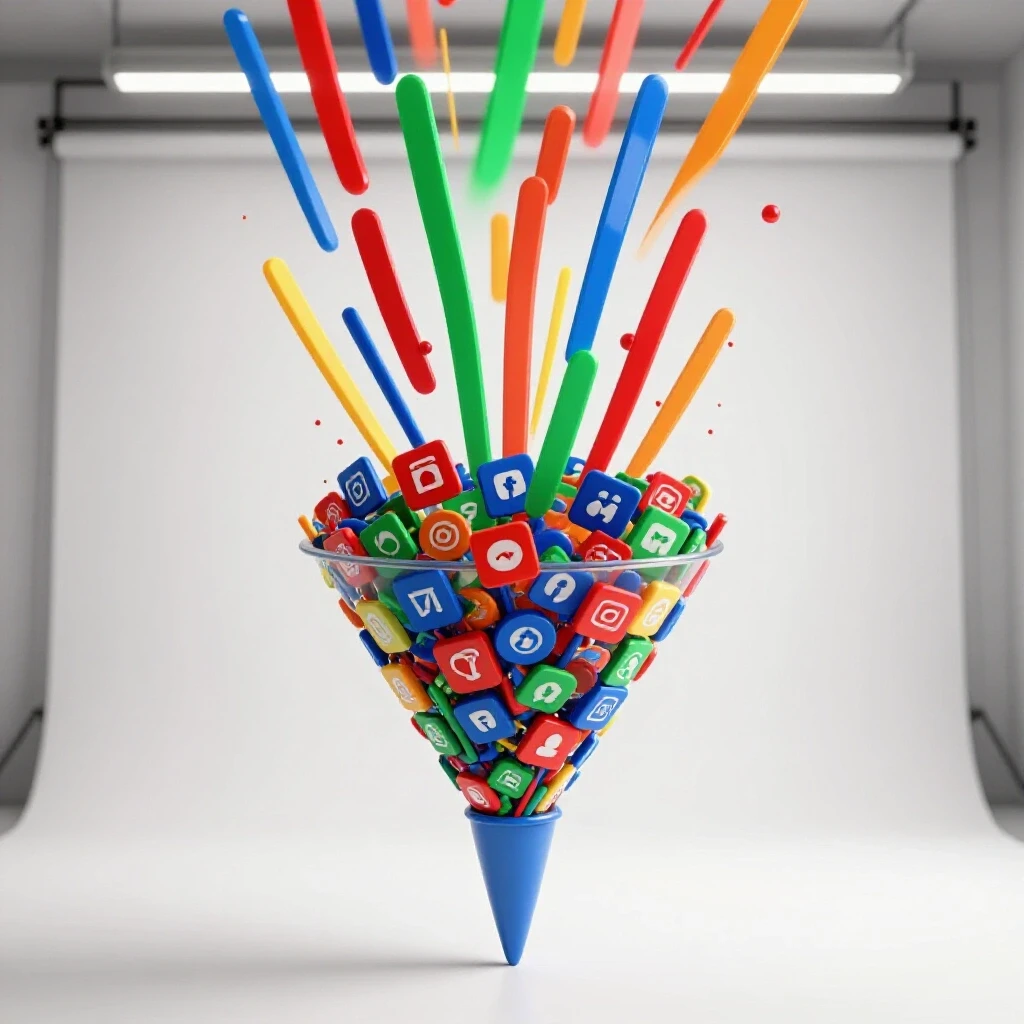 Vibrant 3D funnel made of social media icons with colorful leads flowing in from above.