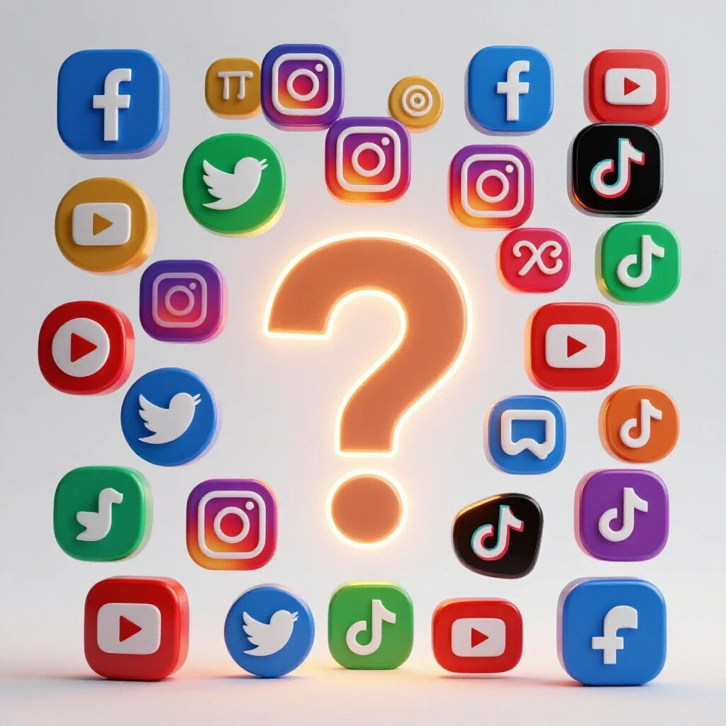 A vibrant web of social media icons surrounding a glowing question mark in a bright studio background.
