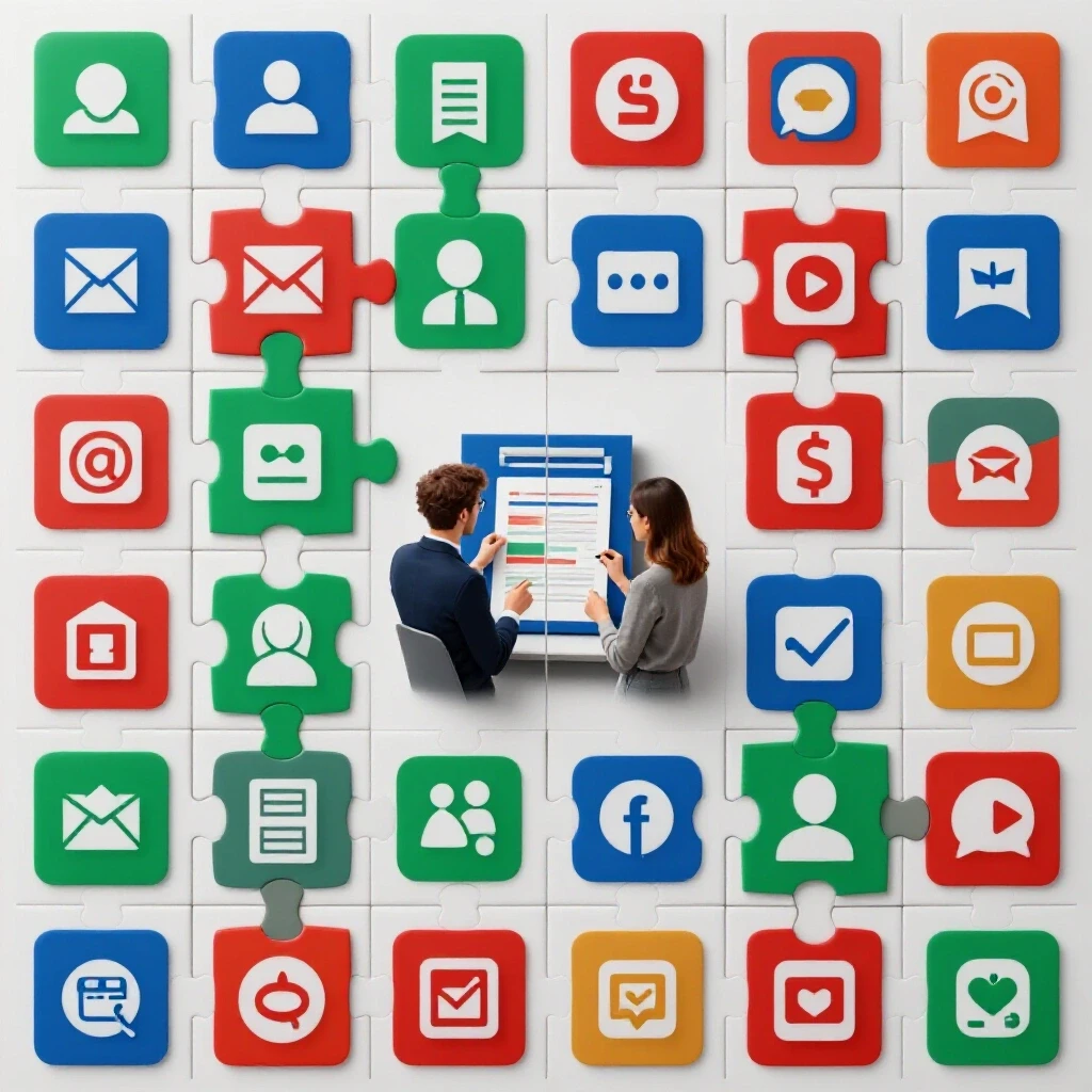 Vibrant split-screen design of social media icons as puzzle pieces centered around a marketing team analyzing data.