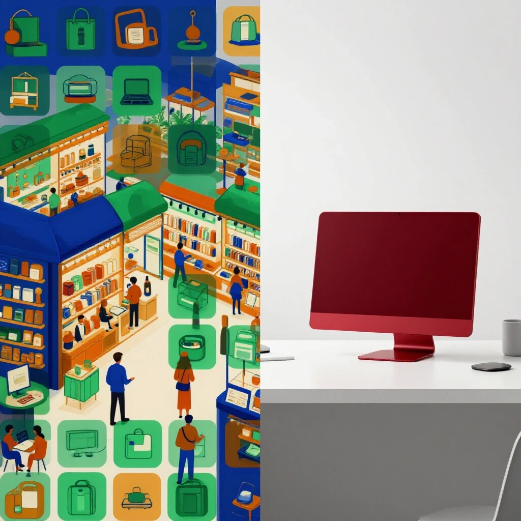 A split-image of a bustling digital marketplace with colorful product icons contrasted with a minimalist workspace featuring a single digital product.