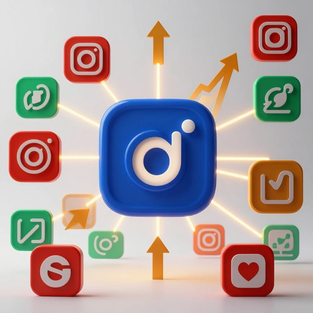 3D-rendered image showcasing a prominent social media logo surrounded by smaller logos, symbolizing growth and network connections.