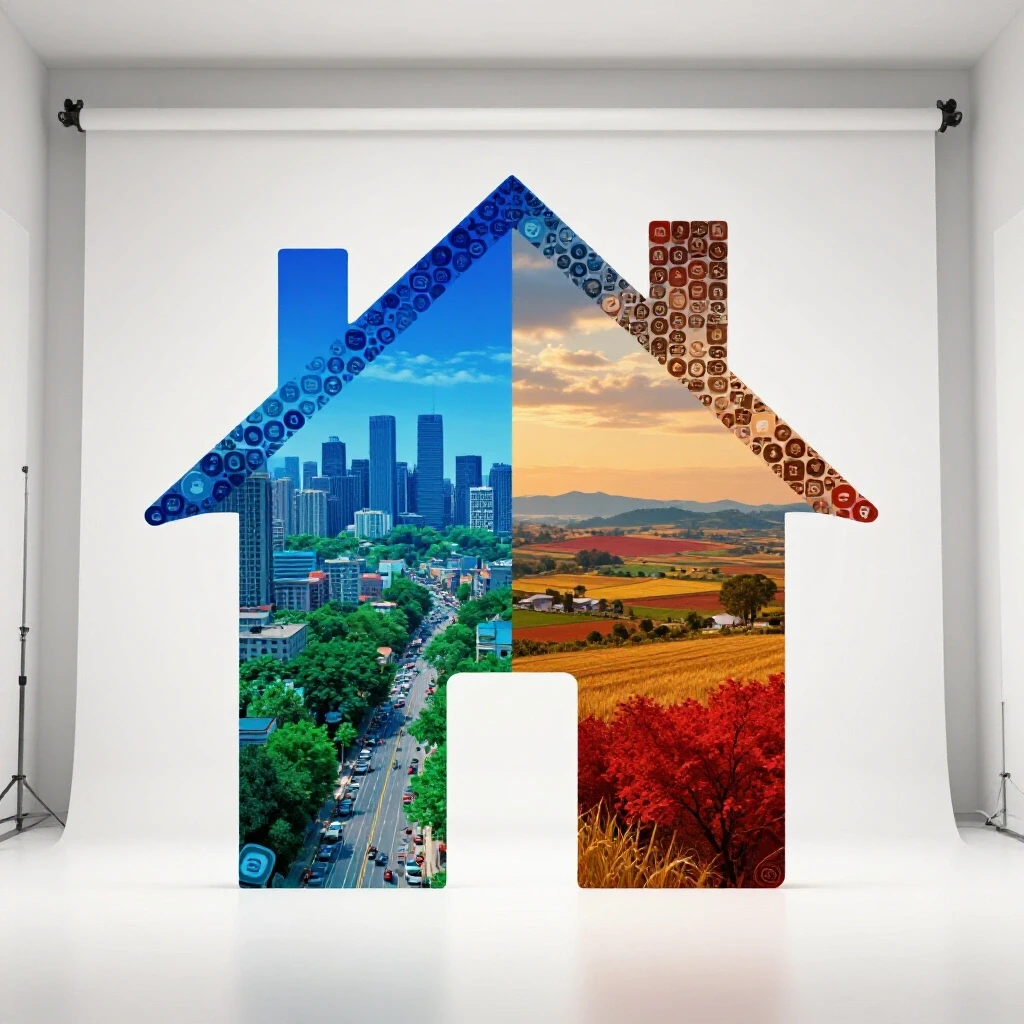 House silhouette made of social media icons against a vibrant split landscape of an urban city and serene rural setting in the Philippines.