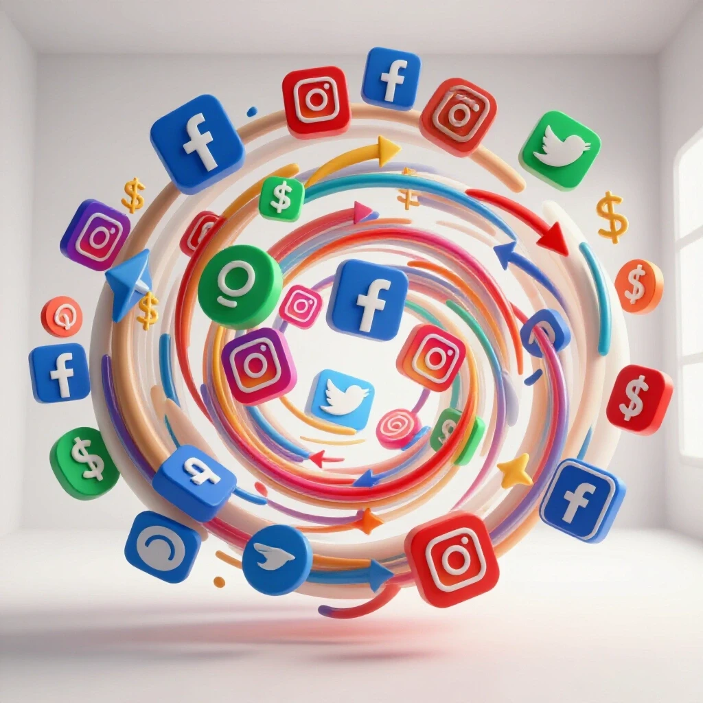 Colorful 3D social media icons swirling with dollar signs, symbolizing retargeting ROI comparison.