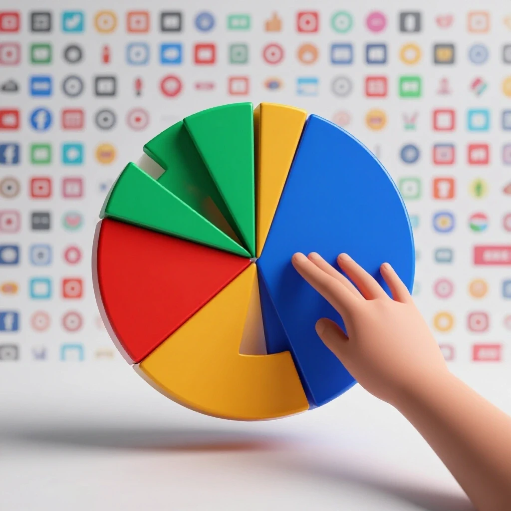 A vibrant pie chart displaying budget allocations with a blurred background of social media icons, symbolizing ad spending strategy.