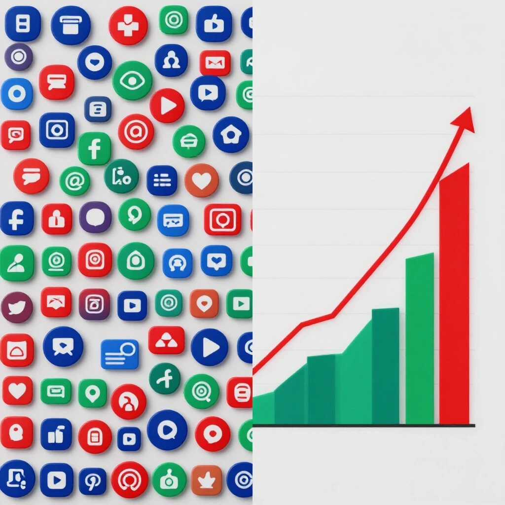 A vibrant digital toolkit with social media icons juxtaposed against a rising ROI metrics graph, emphasizing advertising success.