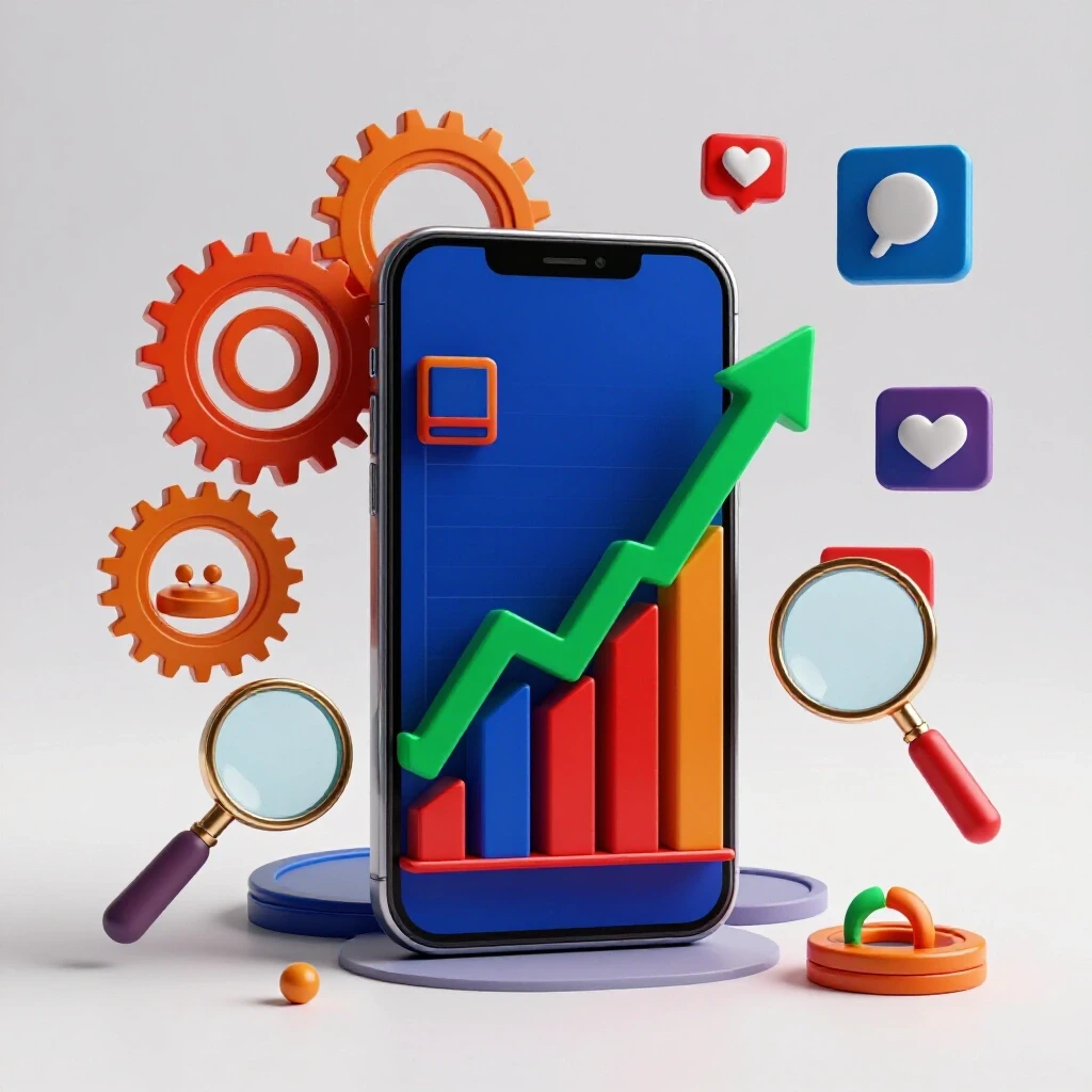 A vibrant growth chart emerging from a smartphone, surrounded by digital tools like gears and social media icons, on a bright background.