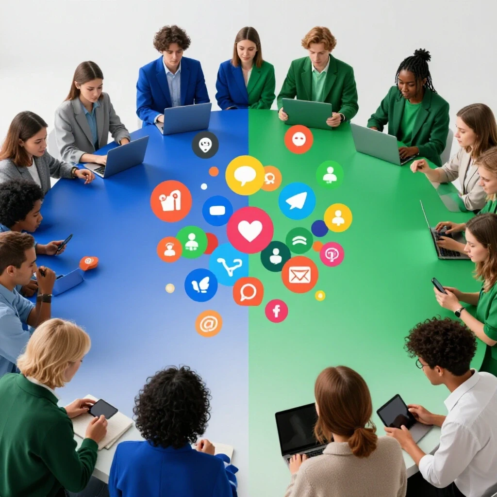 Illustration of teams collaborating over digital devices with social media icons symbolizing synergy.