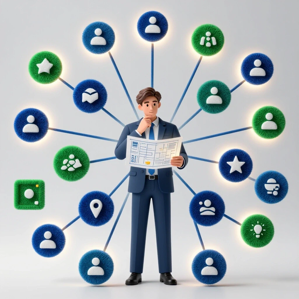 A vibrant web of social media icons with light, illustrating integrations, and a marketer observing a digital interface.