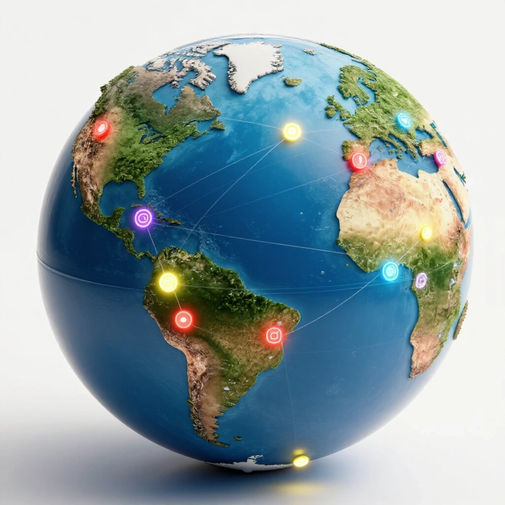 A colorful globe with glowing social media platform icons and connections, symbolizing global social media engagement.