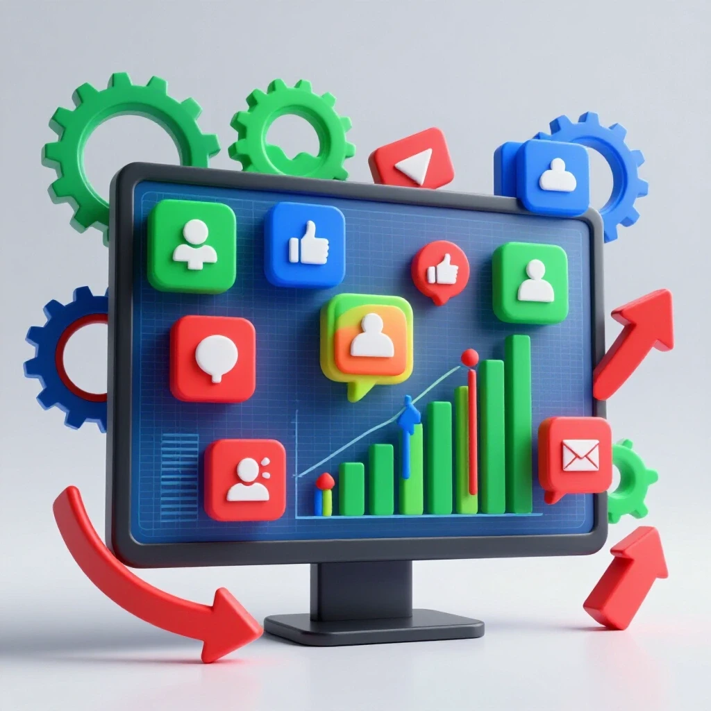3D-rendered image of a digital screen displaying social media icons and graphs, symbolizing teamwork and productivity.