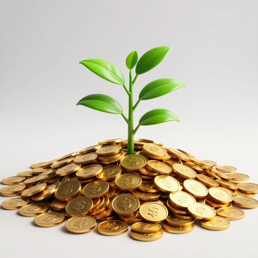 A vibrant green plant sprouting from a pile of shiny gold coins, illustrating growth within a limited budget.