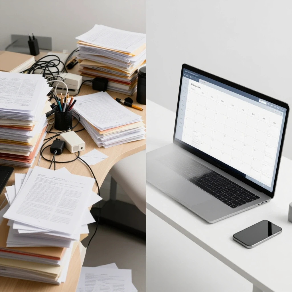 A split-screen image showcasing a cluttered desk contrasting with an organized workspace featuring a digital calendar.