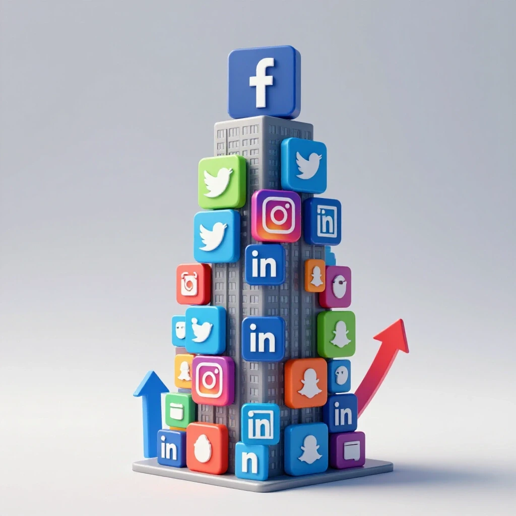 Vibrant 3D stack of social media icons against a bright background symbolizing growth and progress.
