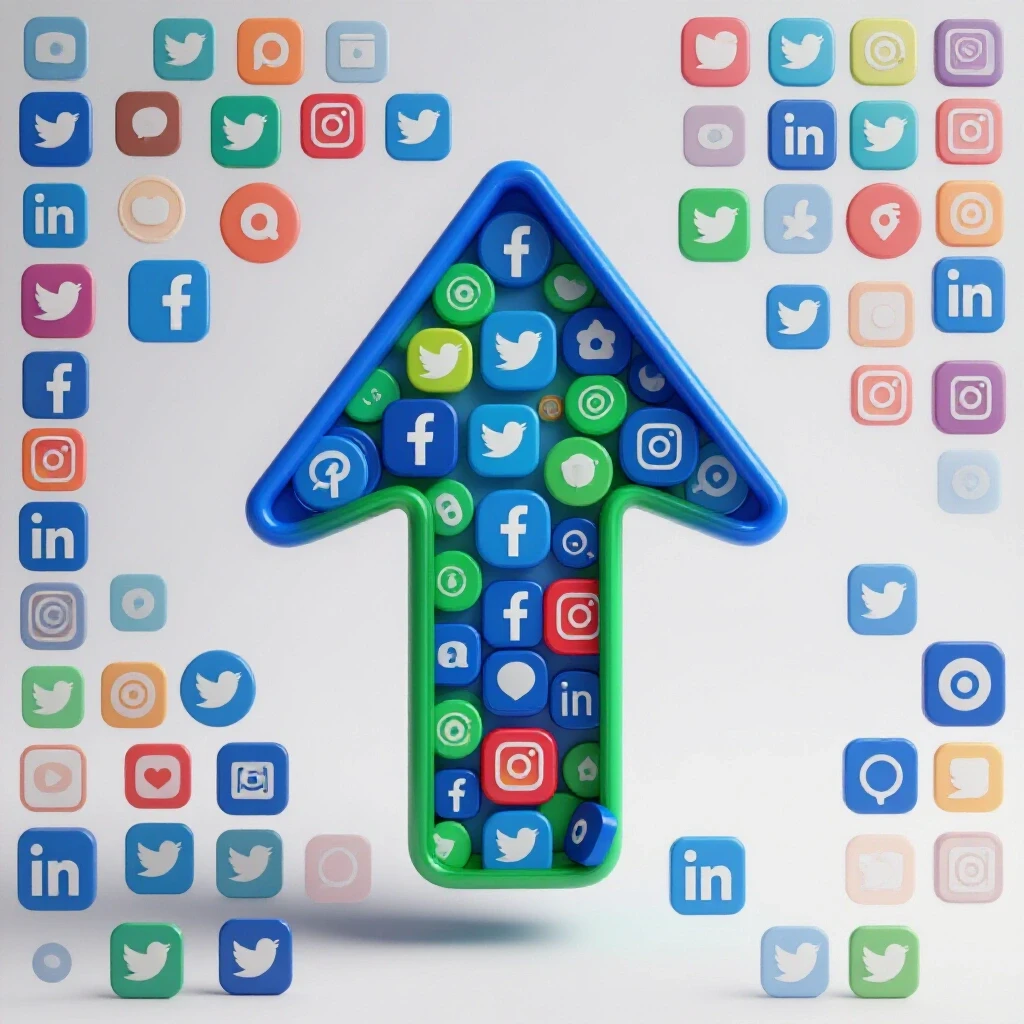 A vibrant upward arrow intertwined with colorful social media icons, symbolizing growth in social media strategies.