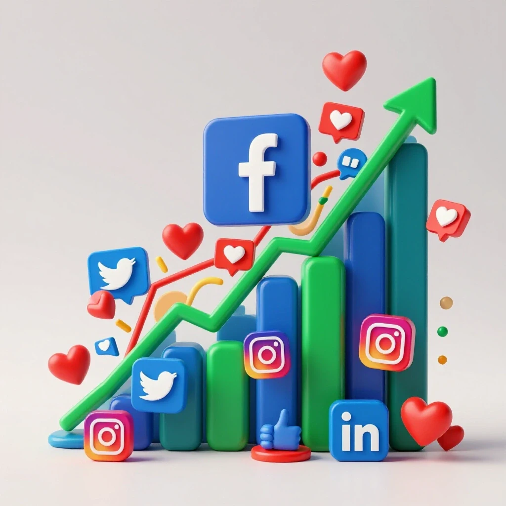 Vibrant graph showing growth in social media engagement with colorful icons and symbols around it.