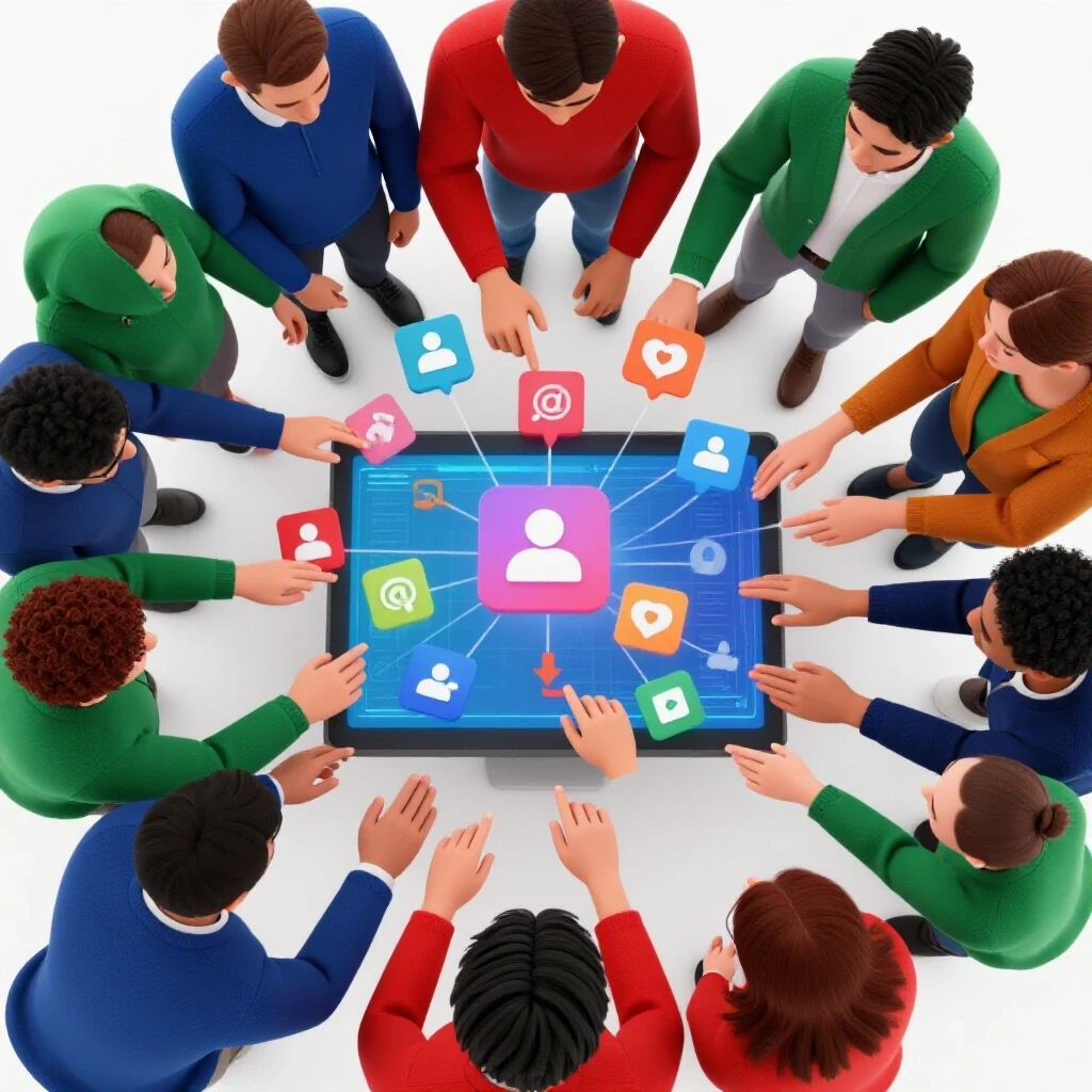 A dynamic collaboration scene with social media icons emanating from a digital device, symbolizing team synergy.
