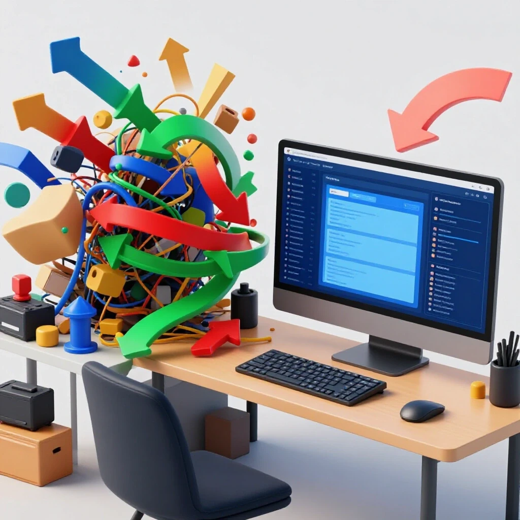 A visualization contrasting a cluttered workspace with an organized digital dashboard, symbolizing workflow efficiency.