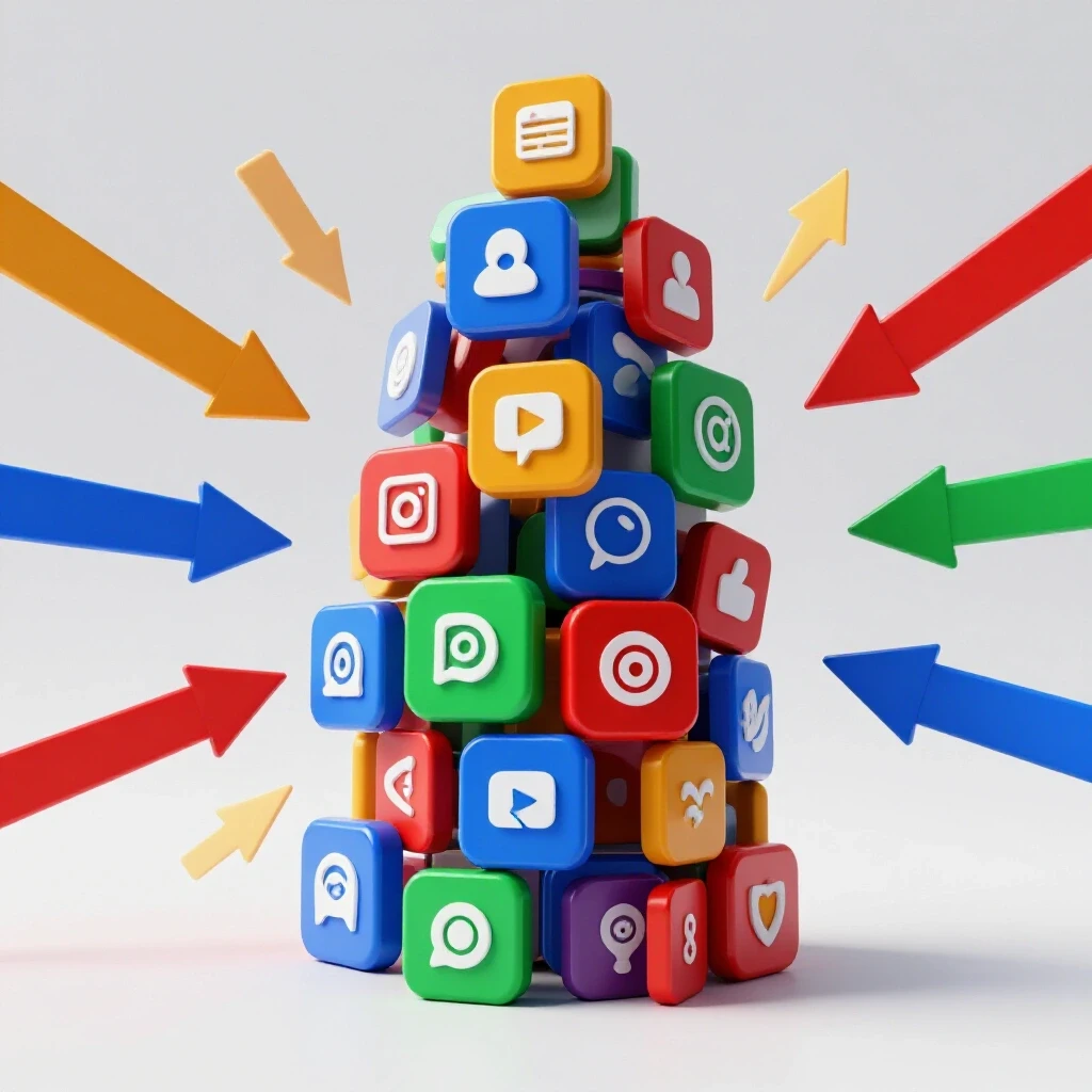 Colorful interconnected app icons representing social media tools in an upward stack to symbolize growth and engagement.