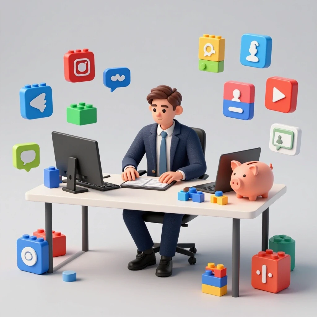 A solo marketer at a desk with oversized social media icons and a piggy bank, symbolizing effective budgeting.