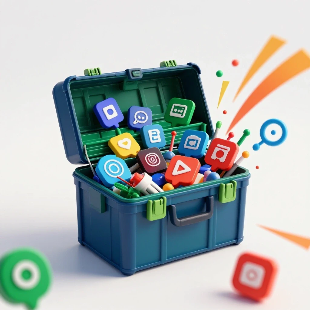 A vibrant toolbox filled with colorful social media icons, signifying marketing tools and creativity.