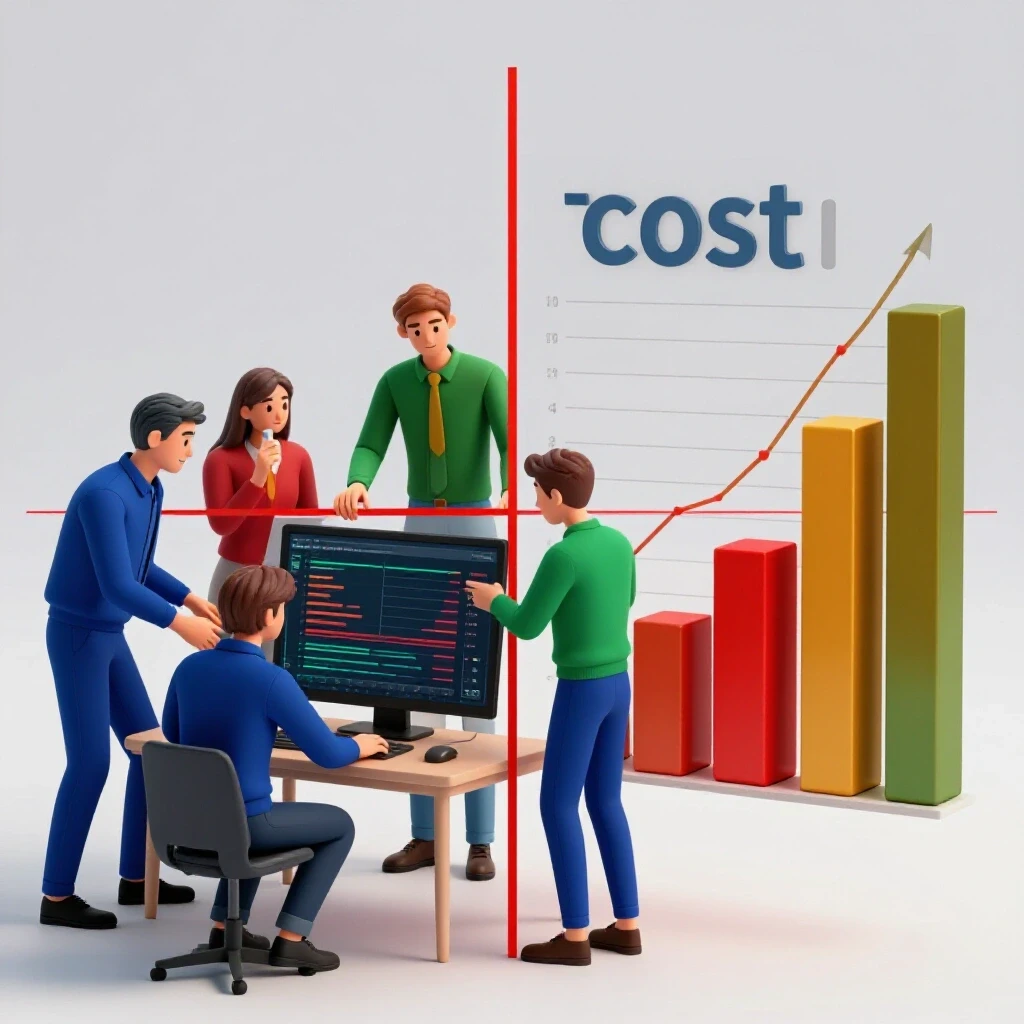 A vibrant digital workspace with a bar graph showing cost breakdown for social media tools, encapsulating teamwork and analytics.