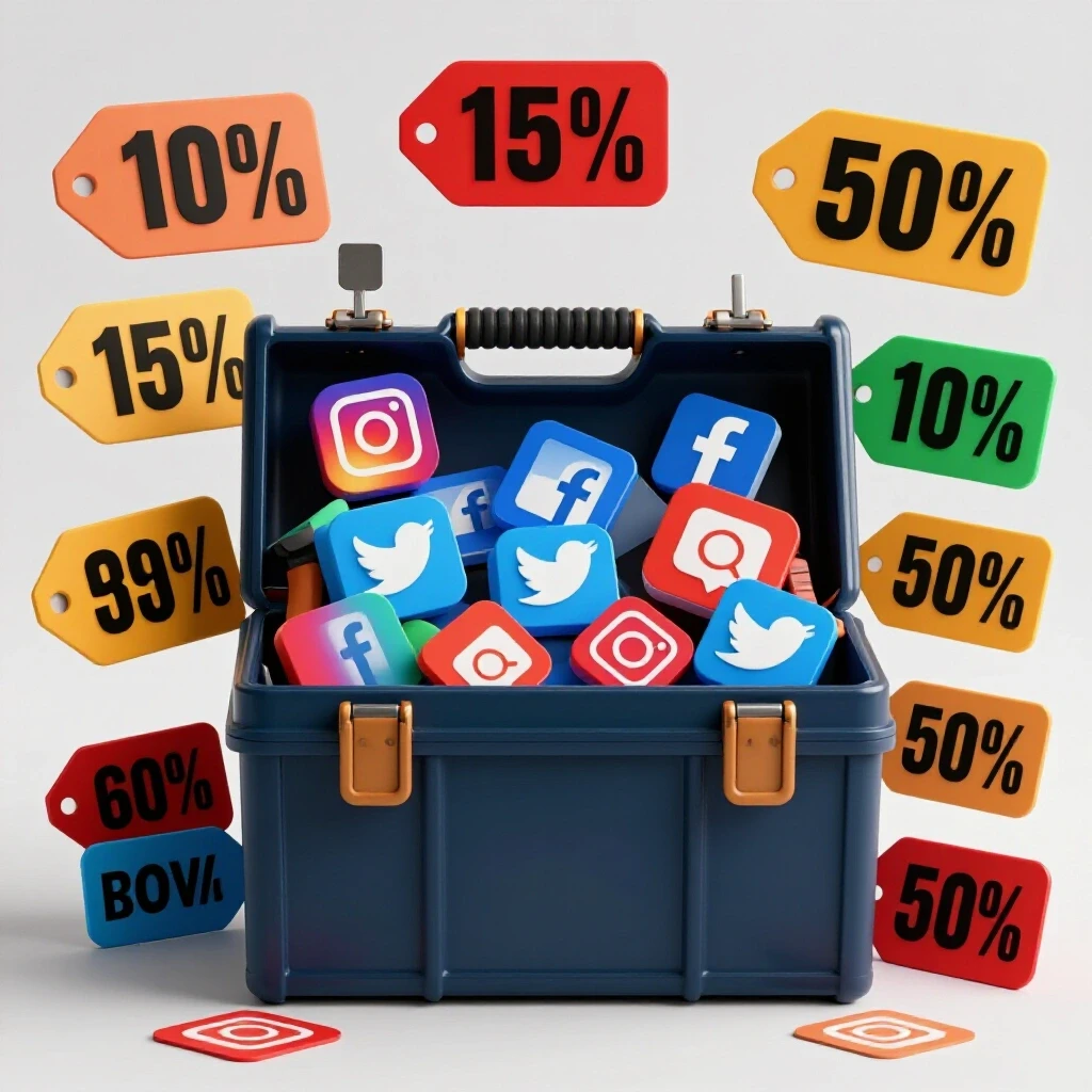 A toolbox filled with vibrant social media logos against colorful price tags, symbolizing tool value.
