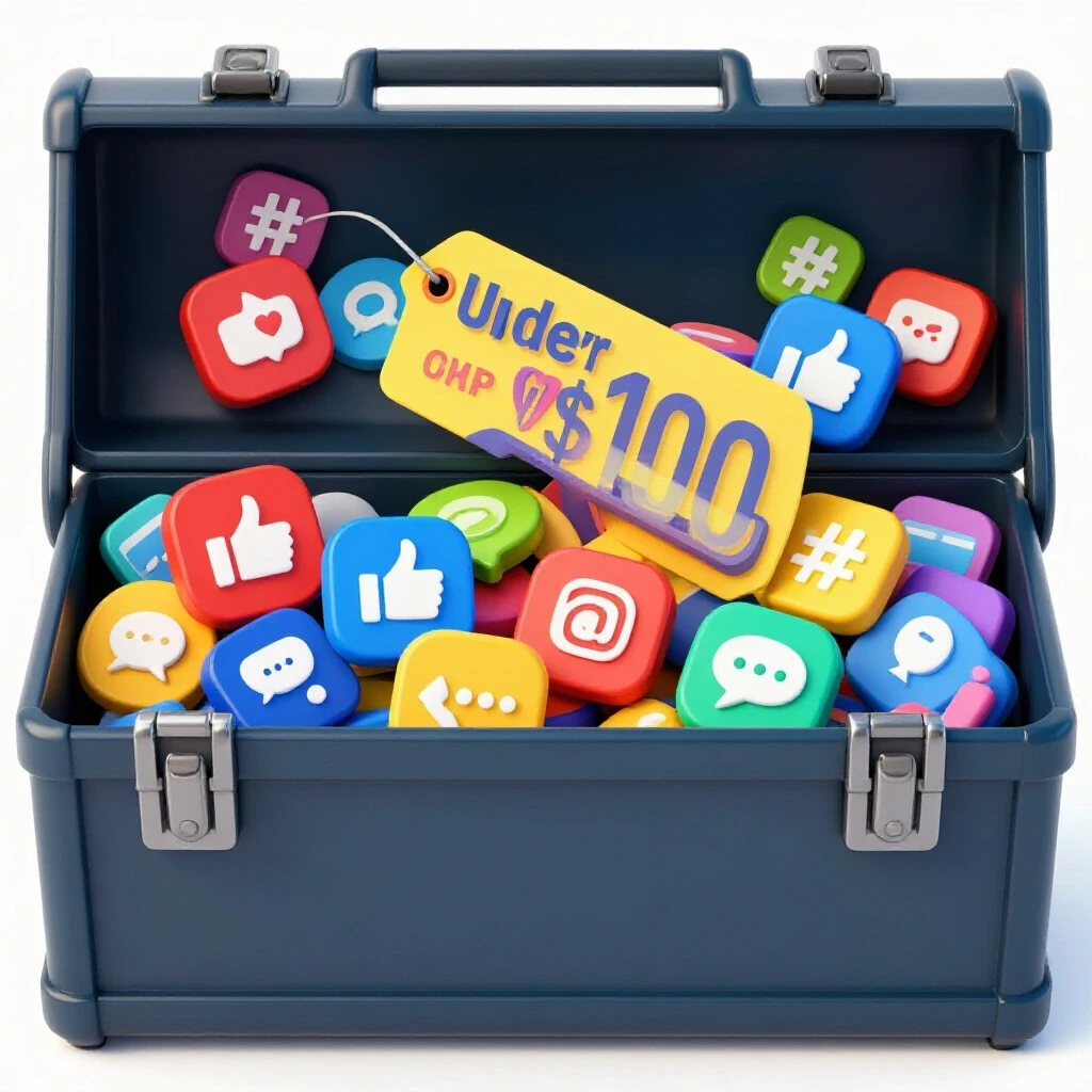 Colorful toolbox filled with oversized social media icons and a bold price tag, set against a clean white background.