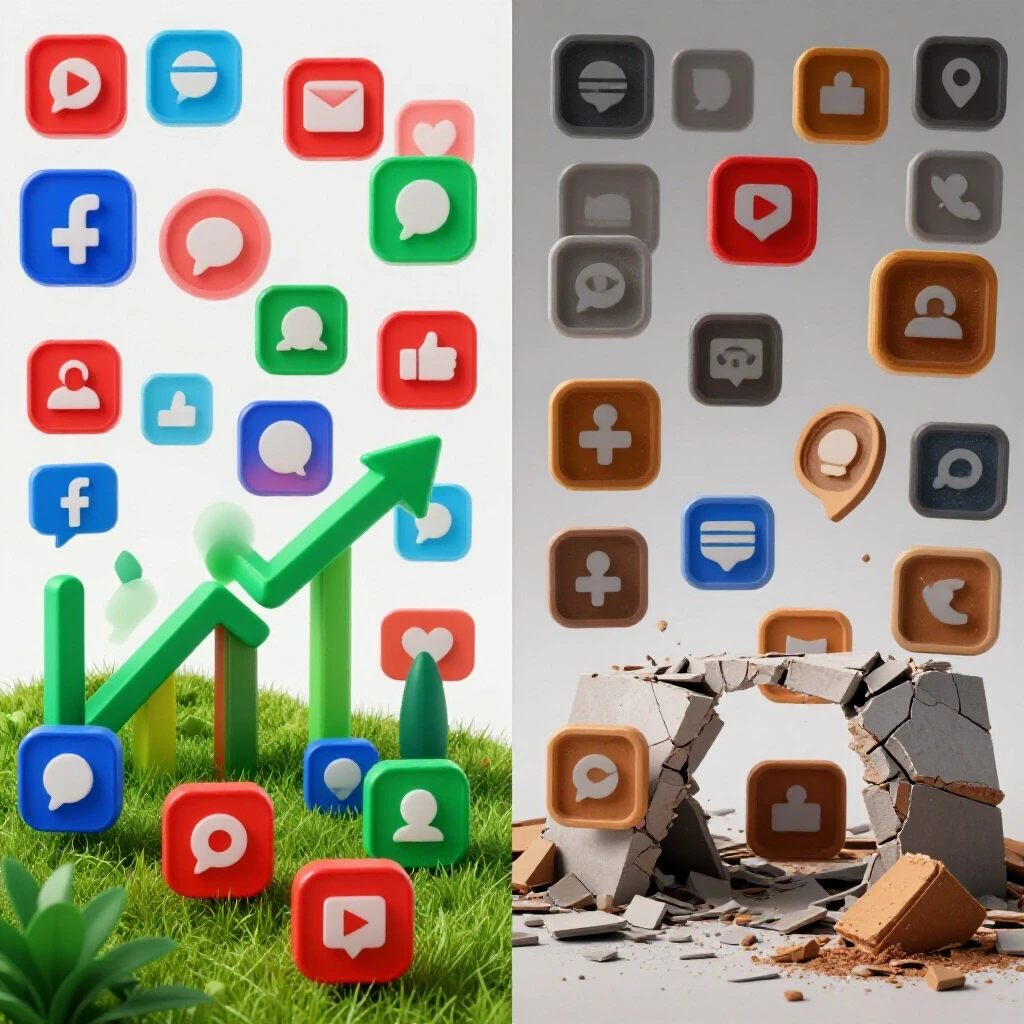 A vibrant split screen image showing thriving social media icons in a colorful landscape next to crumbling structures with faded icons, symbolizing growth and missed opportunities.