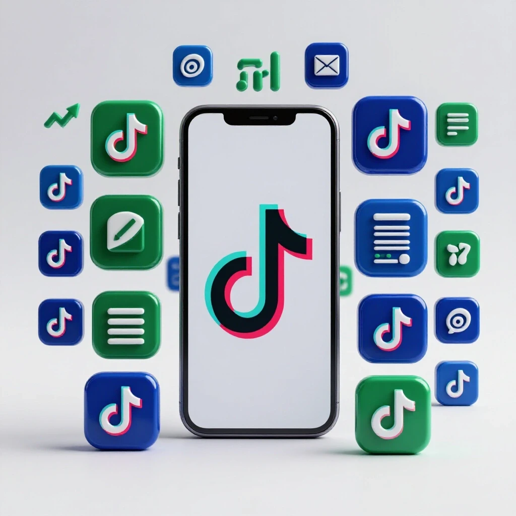 A 3D smartphone with the TikTok logo surrounded by vibrant icons illustrating growth tools in a bright studio setting.